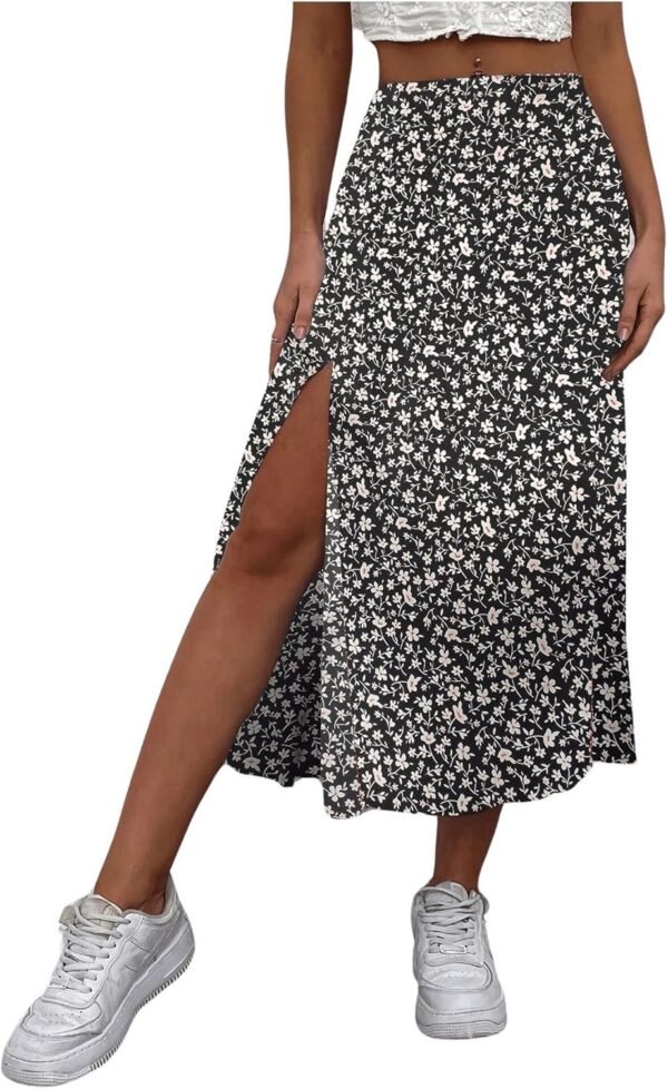 Women's Boho Floral High Waist Split A Line Midi Skirt