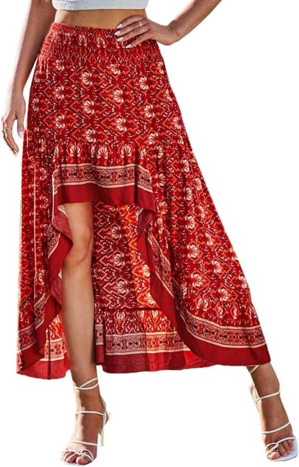 Women 2024 Summer Spring Boho Long Skirts Dress Floral Print Elastic Waist Split Ruffle High Low Beach Maxi Skirt