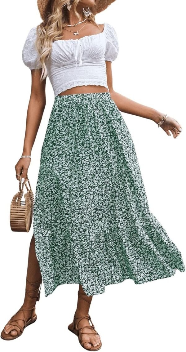Women's Casual High Waist Floral Print Skirt Split Thigh A Line Maxi Skirts