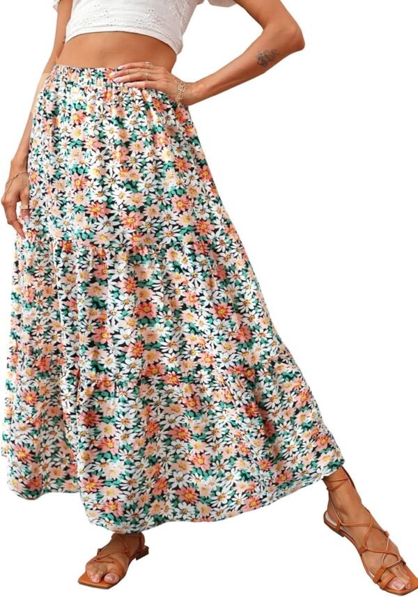 Women's 2024 Spring Summer High Waist Boho Floral Maxi Skirt Casual Flowy Swing Pleated A Line Beach Long Skirts