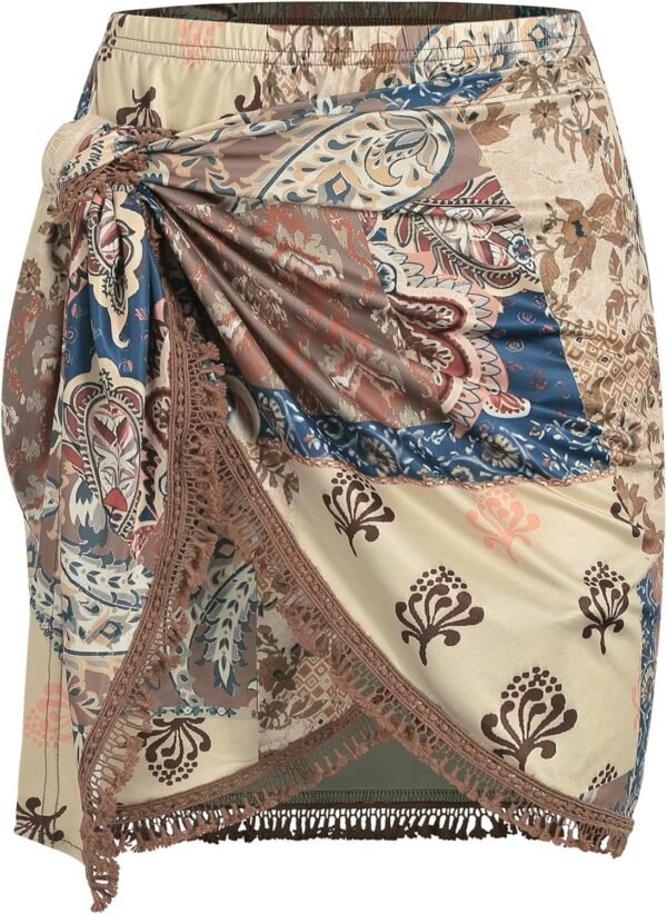 Slit Skirt for Women Boho Print Tie Side Wrap Tassel Casual Beach Mini Skirt