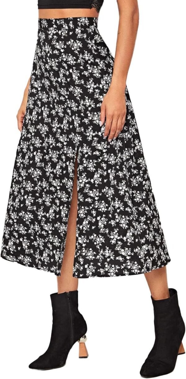 Women's Boho Floral High Waist Split A Line Midi Skirt