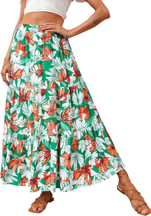 Women's 2024 Spring Summer High Waist Boho Floral Maxi Skirt Casual Flowy Swing Pleated A Line Beach Long Skirts