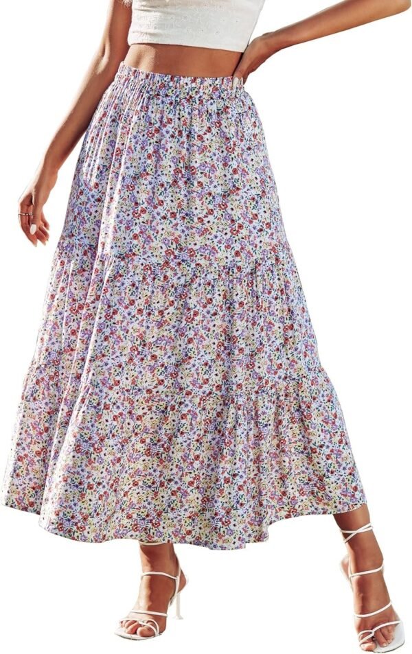 Women's 2024 Spring Summer High Waist Boho Floral Maxi Skirt Casual Flowy Swing Pleated A Line Beach Long Skirts
