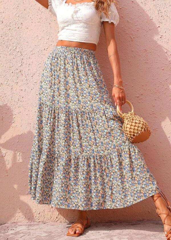 Women's 2024 Spring Summer High Waist Boho Floral Maxi Skirt Casual Flowy Swing Pleated A Line Beach Long Skirts