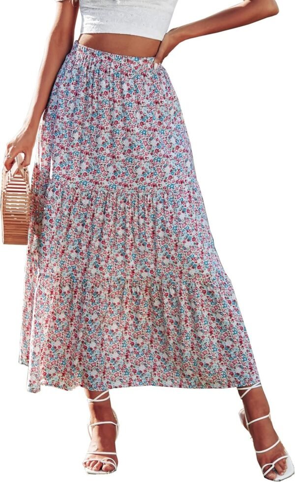 Women's 2024 Spring Summer High Waist Boho Floral Maxi Skirt Casual Flowy Swing Pleated A Line Beach Long Skirts