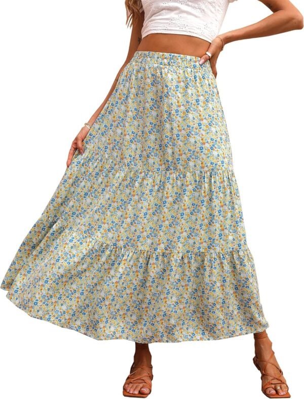 Women's 2024 Spring Summer High Waist Boho Floral Maxi Skirt Casual Flowy Swing Pleated A Line Beach Long Skirts