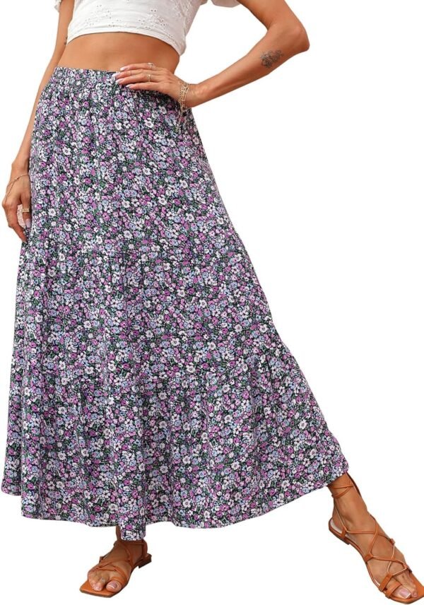 Women's 2024 Spring Summer High Waist Boho Floral Maxi Skirt Casual Flowy Swing Pleated A Line Beach Long Skirts