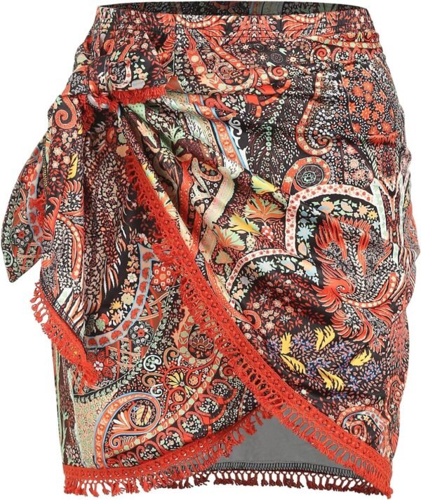 Slit Skirt for Women Boho Print Tie Side Wrap Tassel Casual Beach Mini Skirt