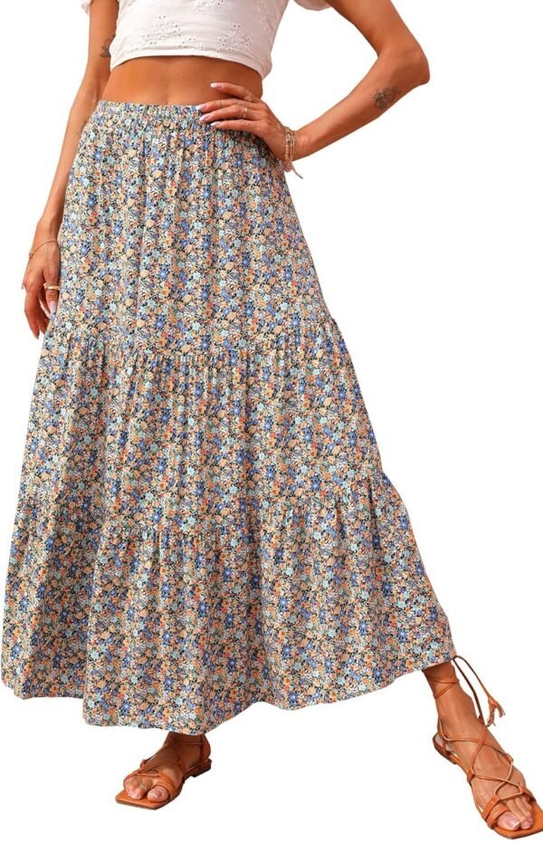Women's 2024 Spring Summer High Waist Boho Floral Maxi Skirt Casual Flowy Swing Pleated A Line Beach Long Skirts
