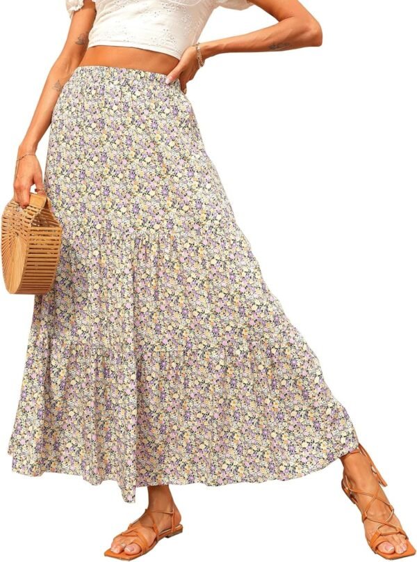 Women's 2024 Spring Summer High Waist Boho Floral Maxi Skirt Casual Flowy Swing Pleated A Line Beach Long Skirts