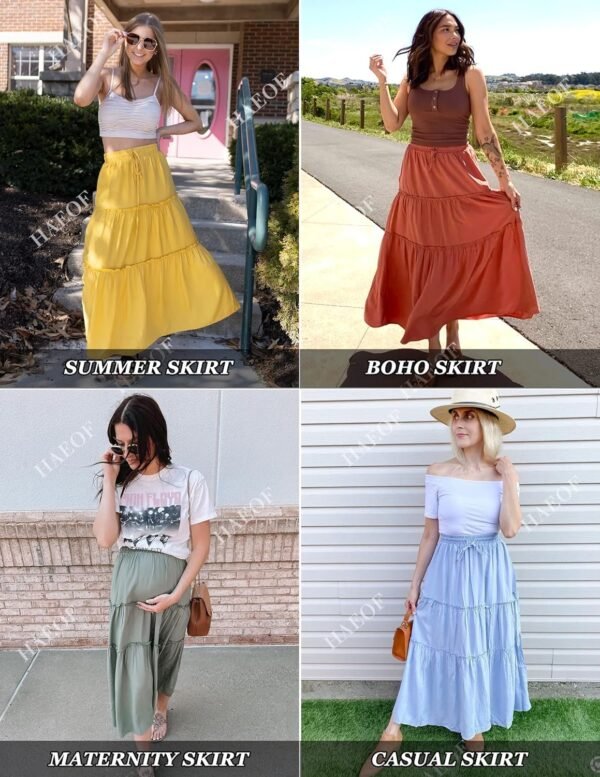 Women's Boho Elastic High Waist A Line Ruffle Swing Beach Maxi Skirt with Pockets